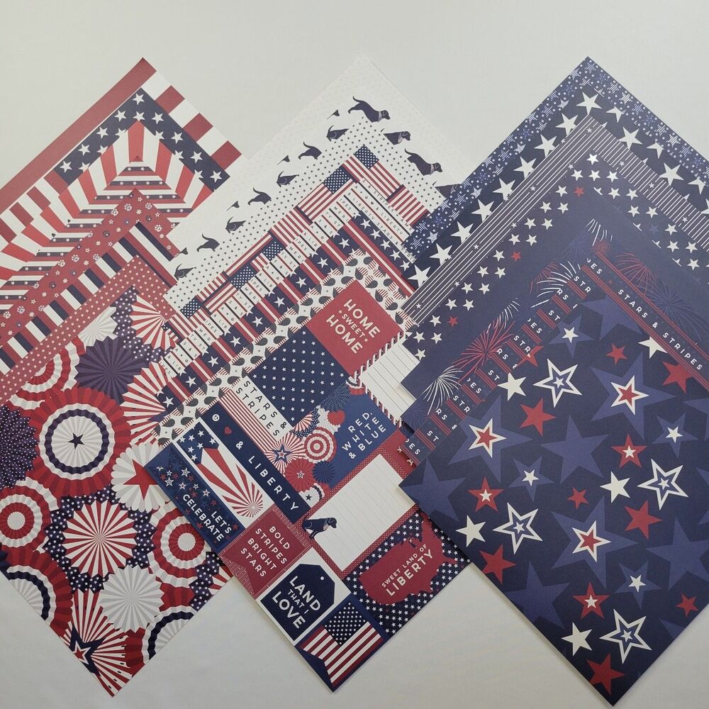 12x12 Scrapbook Paper 24 Cardstock 4th July America Patriotic Red White Blue USA